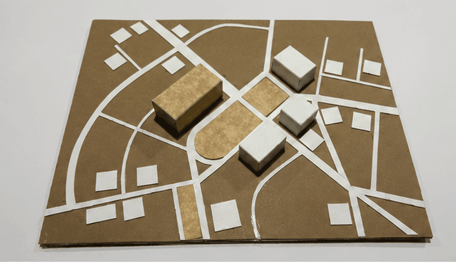 Maqueta de proceso N°3 — "Campus y volúmenes conceptuales"